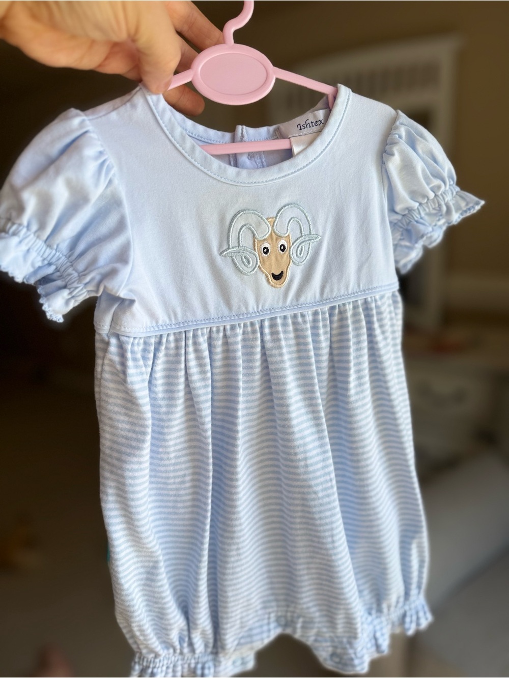 Ishtex Light Blue Baby Bubble w Ram Appliqué and Ruffles 6mo